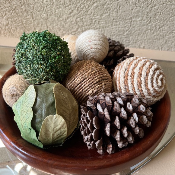 Decorative Hand Carved Wooden Bowl with Assorted Orbs Ball Fillers & Pine Cones - Picture 1 of 13